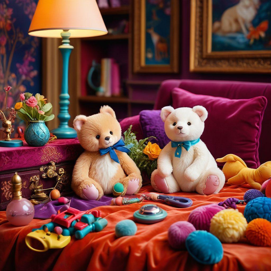 A whimsical, playful scene featuring an array of colorful adult toys and intimate accessories artfully arranged on a plush velvet surface. Incorporate soft, sultry lighting to create an inviting atmosphere, with delicate floral accents in the background. Include a sense of exploration, perhaps a magnifying glass examining the toys for fun, highlighting coverage and care. The overall tone should be vibrant and light-hearted, emphasizing pleasure and safety. colorful illustration. vibrant colors. soft focus.