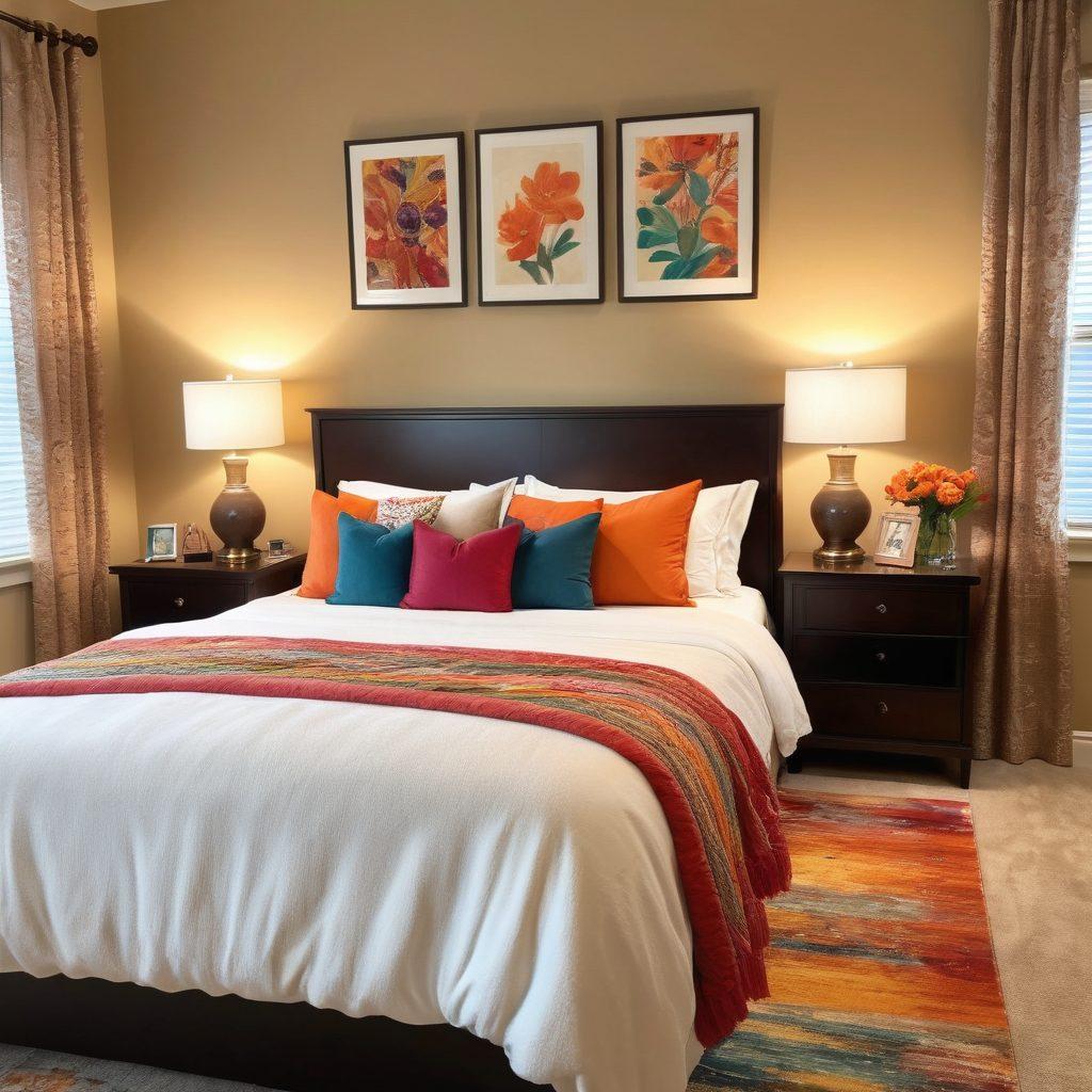 A cozy, inviting bedroom setting filled with playful and intimate products, showcasing vibrant colors and a touch of elegance. Include a bedside table with affordable insurance brochures and a couple of plush pillows, symbolizing comfort and security. The scene should evoke a sense of joy, exploration, and safety in intimacy. soft lighting. vibrant colors. super-realistic.