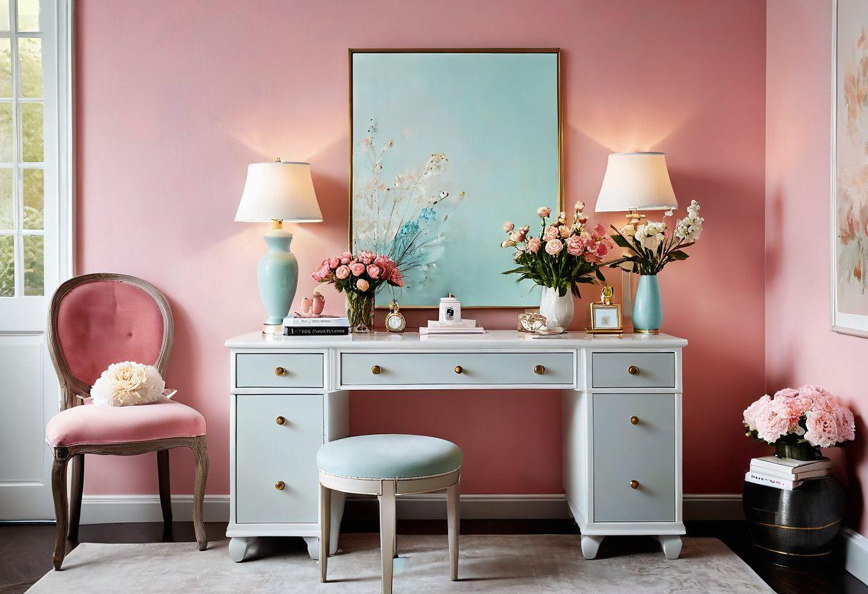 A whimsical and inviting scene showcasing an array of tasteful sensual accessories and novelties artistically arranged on a chic vanity. Include soft pastels and subtle lighting to create an intimate ambiance, while a guidebook lies open nearby, illustrating tips for navigating insurance policies. Add playful elements like a cup of tea and delicate flowers to enhance comfort. modern illustration. vibrant colors. soft focus.